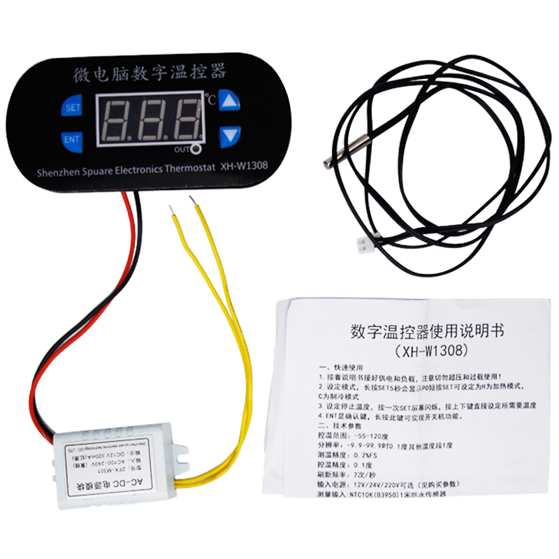 32795969331-kfhtb1arjsvxxxxbgxvxxq6xxfxxxi220v-w1308-thermoregulator-blue-led-display-digital-temperature-controller-switch-55-120-c-with-sensor-probe ترموستات پنلی XH-W1308 220V AC سگمنت آبی با ترانس - تصویر 1